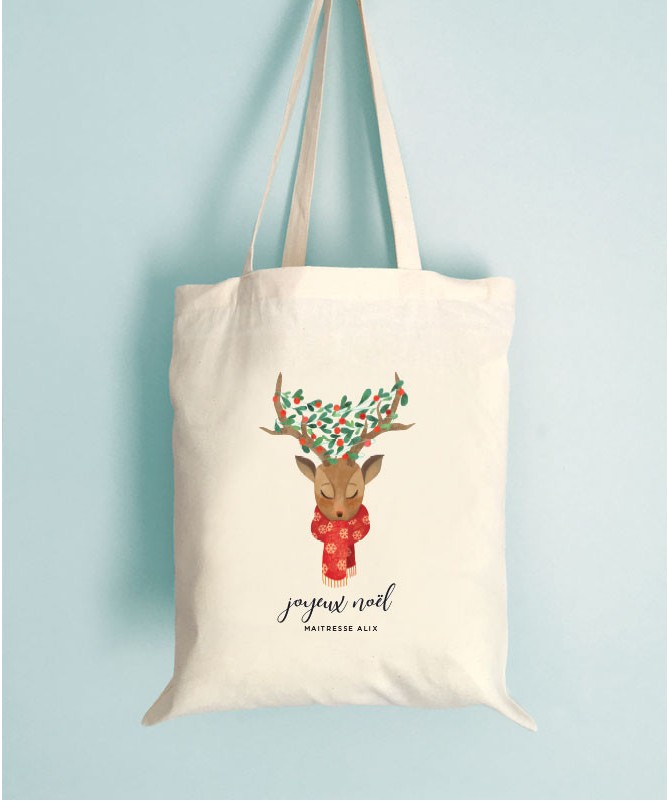 Tote Bag Maitresse Renne de Noël personnalisable