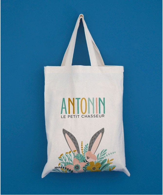 Tote bag enfant lapin et bouquet