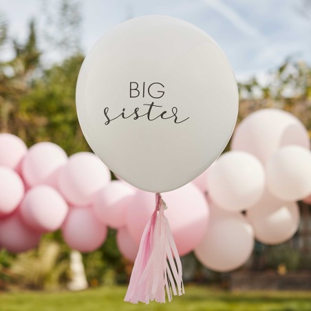 Ballon Big Sister avec pompons roses - Annonce grossesse