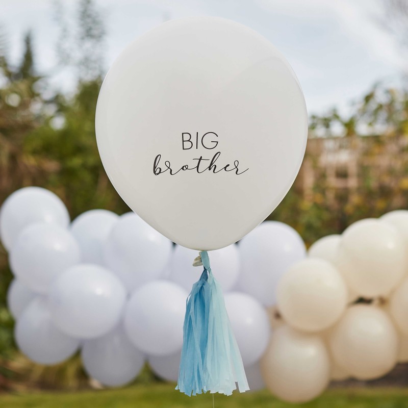 Ballon "Big Brother" avec pompons bleus - Annonce grossesse