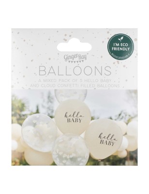 5 Ballons Confettis nuages  "Hello Baby" - Baby Shower - Gender Reveal