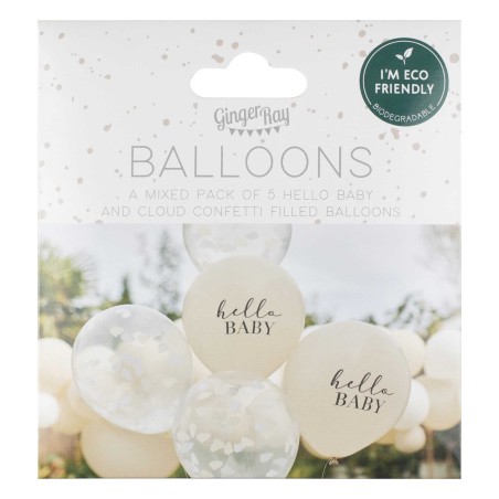 5 Ballons Confettis nuages  "Hello Baby" - Baby Shower - Gender Reveal