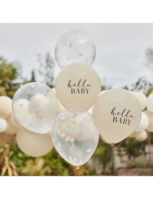 5 Ballons Confettis nuages  "Hello Baby" - Baby Shower - Gender Reveal