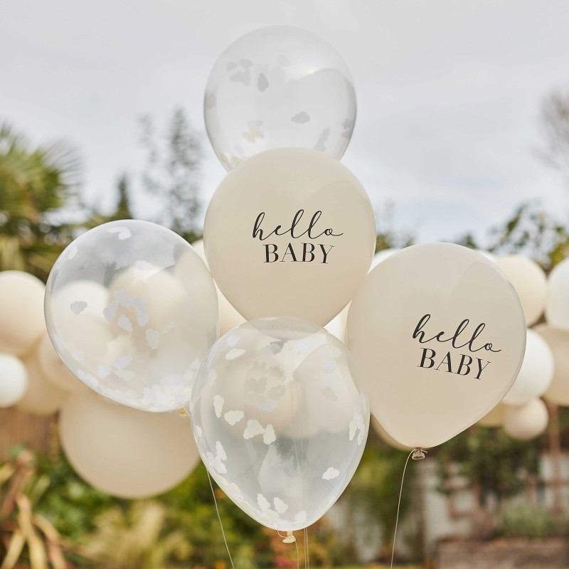 5 Ballons Confettis nuages  "Hello Baby" - Baby Shower - Gender Reveal