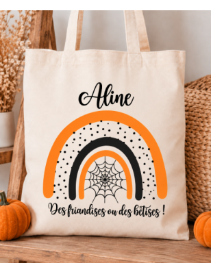 Tote Bag Arc-en-ciel Halloween Enfant personnalisé - Halloween - Sac Bonbons- Sorties en Famille