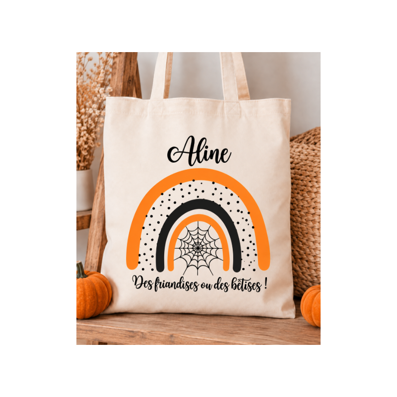 Tote Bag Arc-en-ciel Halloween Enfant personnalisé - Halloween - Sac Bonbons- Sorties en Famille