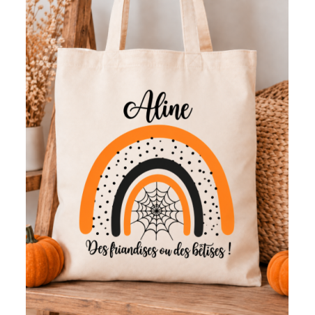Tote Bag Arc-en-ciel Halloween Enfant personnalisé - Halloween - Sac Bonbons- Sorties en Famille