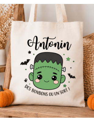 Tote Bag Frankenstein Halloween Enfant personnalisé - Halloween - Sac Bonbons- Sorties en Famille