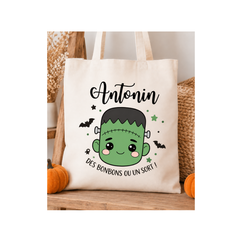 Tote Bag Frankenstein Halloween Enfant personnalisé - Halloween - Sac Bonbons- Sorties en Famille
