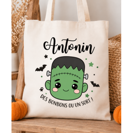 Tote Bag Frankenstein Halloween Enfant personnalisé - Halloween - Sac Bonbons- Sorties en Famille