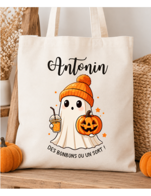 Tote Bag Fantôme Halloween Enfant personnalisé - Halloween - Sac Bonbons- Sorties en Famille