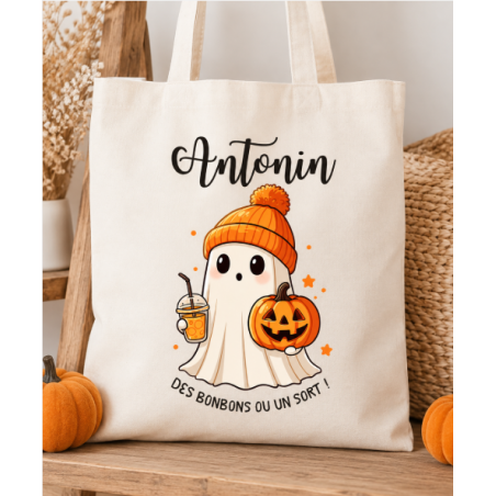 Tote Bag Fantôme Halloween Enfant personnalisé - Halloween - Sac Bonbons- Sorties en Famille