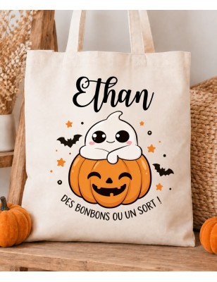 Tote Bag Citrouille Petit Fantôme Halloween Enfant personnalisé - Halloween - Sac Bonbons- Sorties en Famille