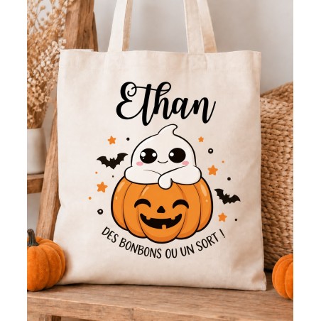Tote Bag Citrouille Petit Fantôme Halloween Enfant personnalisé - Halloween - Sac Bonbons- Sorties en Famille