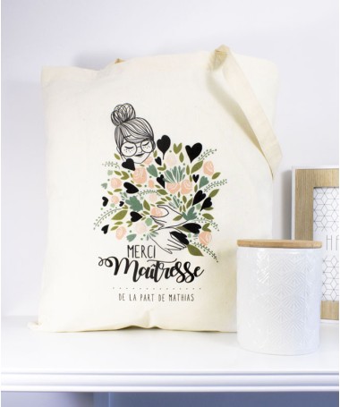 Tote Bag Maitresse ATSEM ou Nounou Bouquet de fleurs vert personnalisable