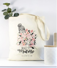 Tote Bag Maitresse Bouquet de fleurs rose personnalisable