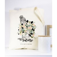 Tote Bag Maitresse ATSEM ou Nounou Bouquet de fleurs vert personnalisable