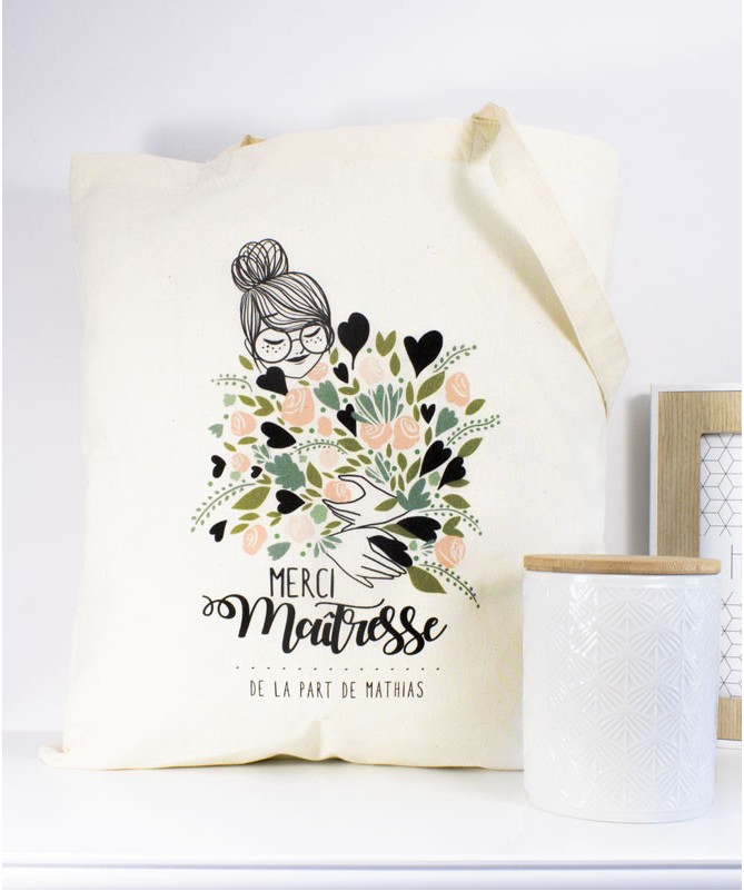 Tote Bag Maitresse ATSEM ou Nounou Bouquet de fleurs vert personnalisable